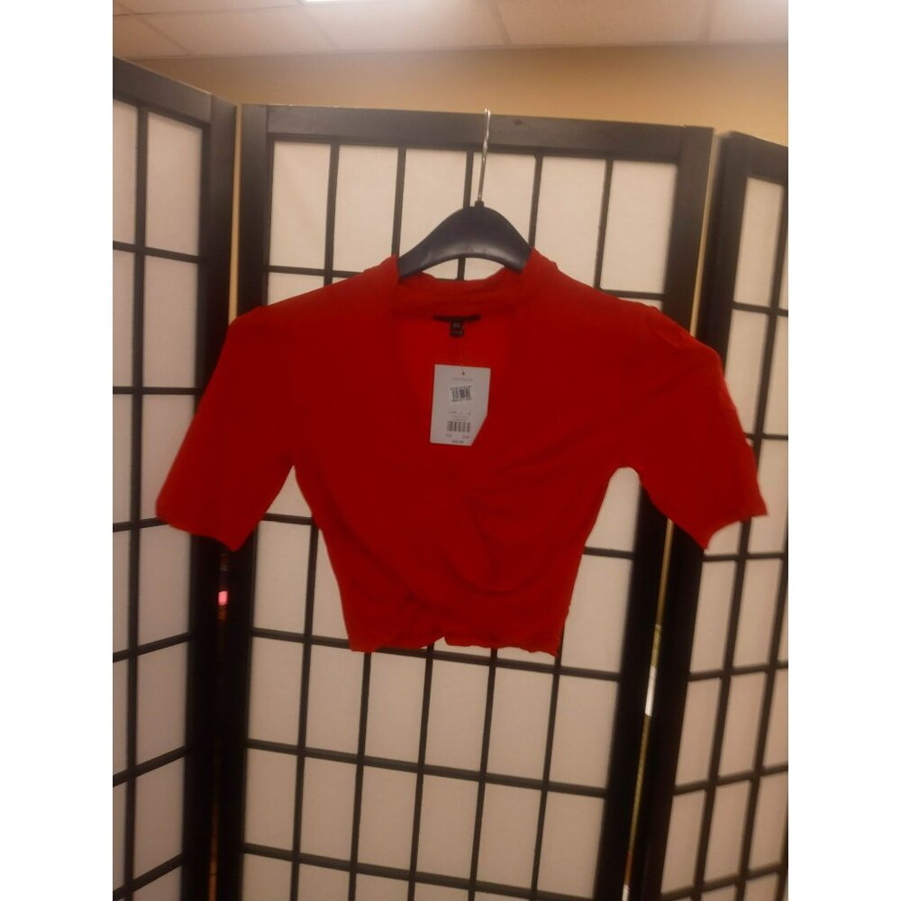Topshop Crop Top Red Size 2 Short Sleeve V-Neck Twist Knit Stretch Pullover